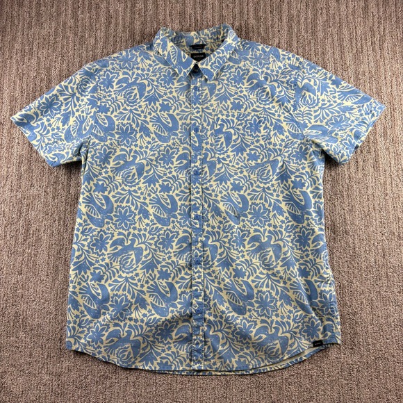 Prana Men's XL Short Sleeve Button Up Shirt Blue Yellow Floral Bird Print Casual - Picture 3 of 12